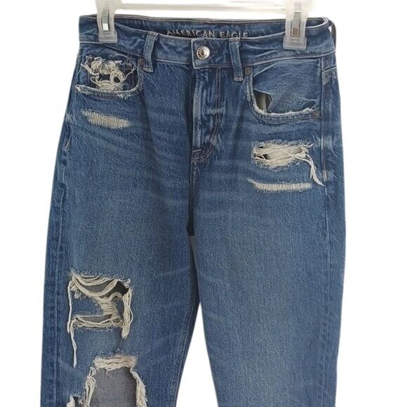 American Eagle Womens 2 Mom Jeans High Rise Distressed Ripped Blue Denim Casual - Picture 3 of 7